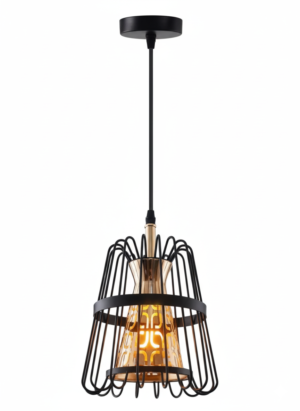 Black Wire Cage Pendant with Amber Glass