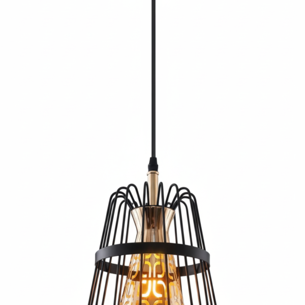 Black Wire Cage Pendant with Amber Glass