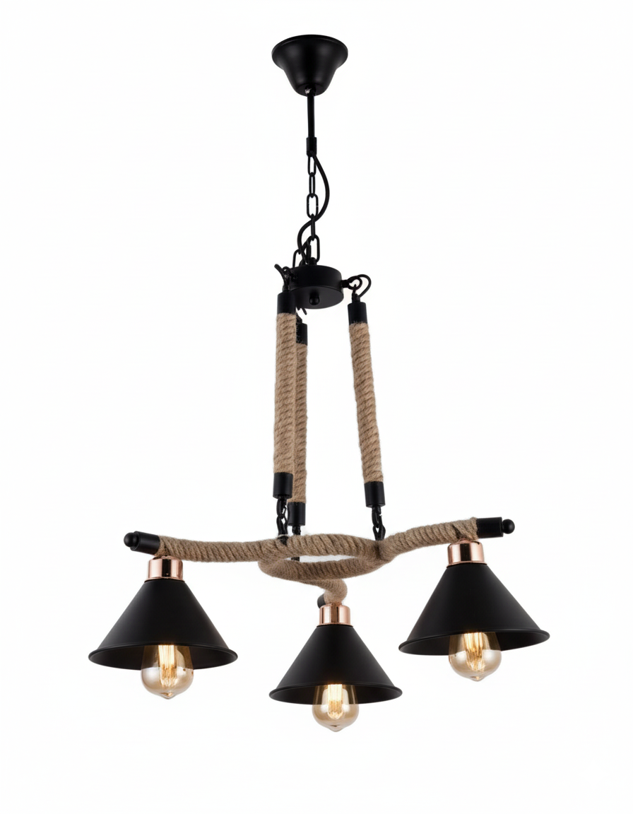 3-Light Hemp Rope Chandelier with Cone Shades